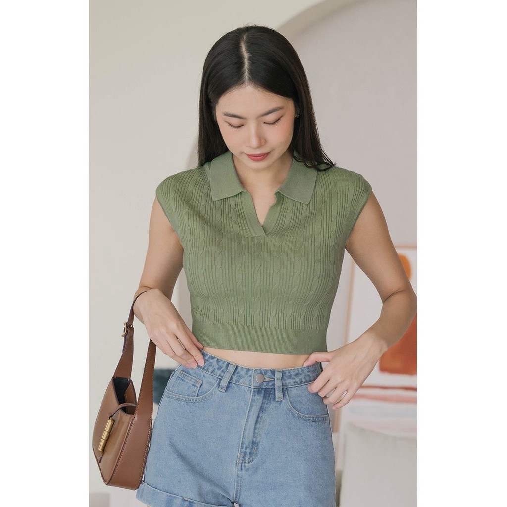 Dear Lyla Nadine Collar Cable Knit Top (Matcha) | Shopee Singapore