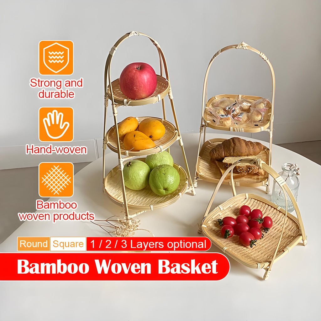 Bamboo Tray 3/2/1 Layers Food Display Multi-functionHand Handwoven ...