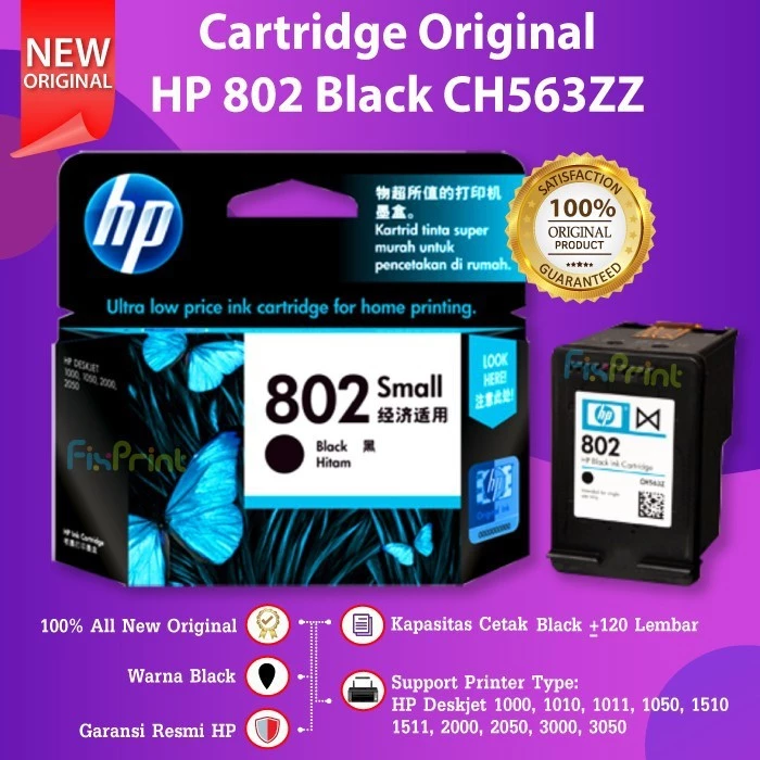 FixPrint SET Cartridge HP 802 Black Color Tinta Printer Deskjet 2050 3050 1010 - Gambar 2