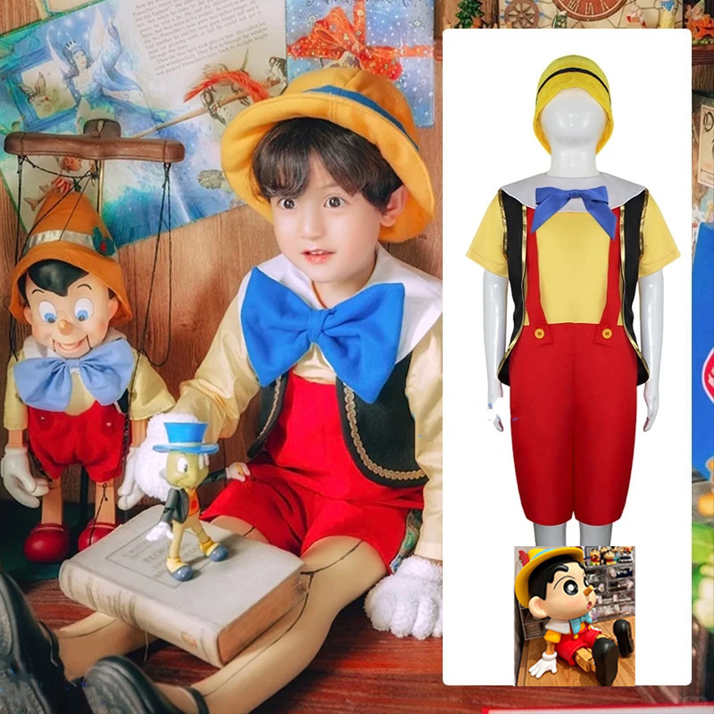 Disney Pinocchio Costume for Kids Boy Cartoon Character Long Nose Cosplay  Top Pants Vest Hat Halloween Carnival Birthday Party Clothes Suit