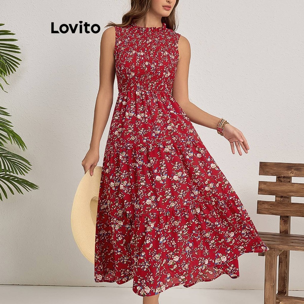 Lovito Casual Ditsy Floral Smocked Ruffle Dress for Women LBL18260 ...
