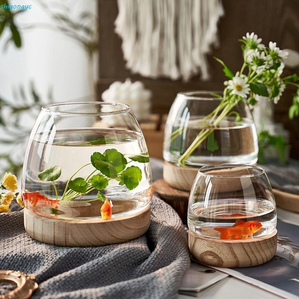 SHIGONG Circular Wooden Bucket Tank, Round Decorative Transparent Glass ...