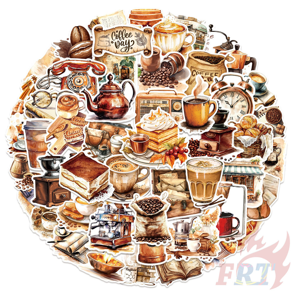 50Pcs/Set Retro Coffee Cafe Series 01 Stickers DIY Fashion Waterproof ...