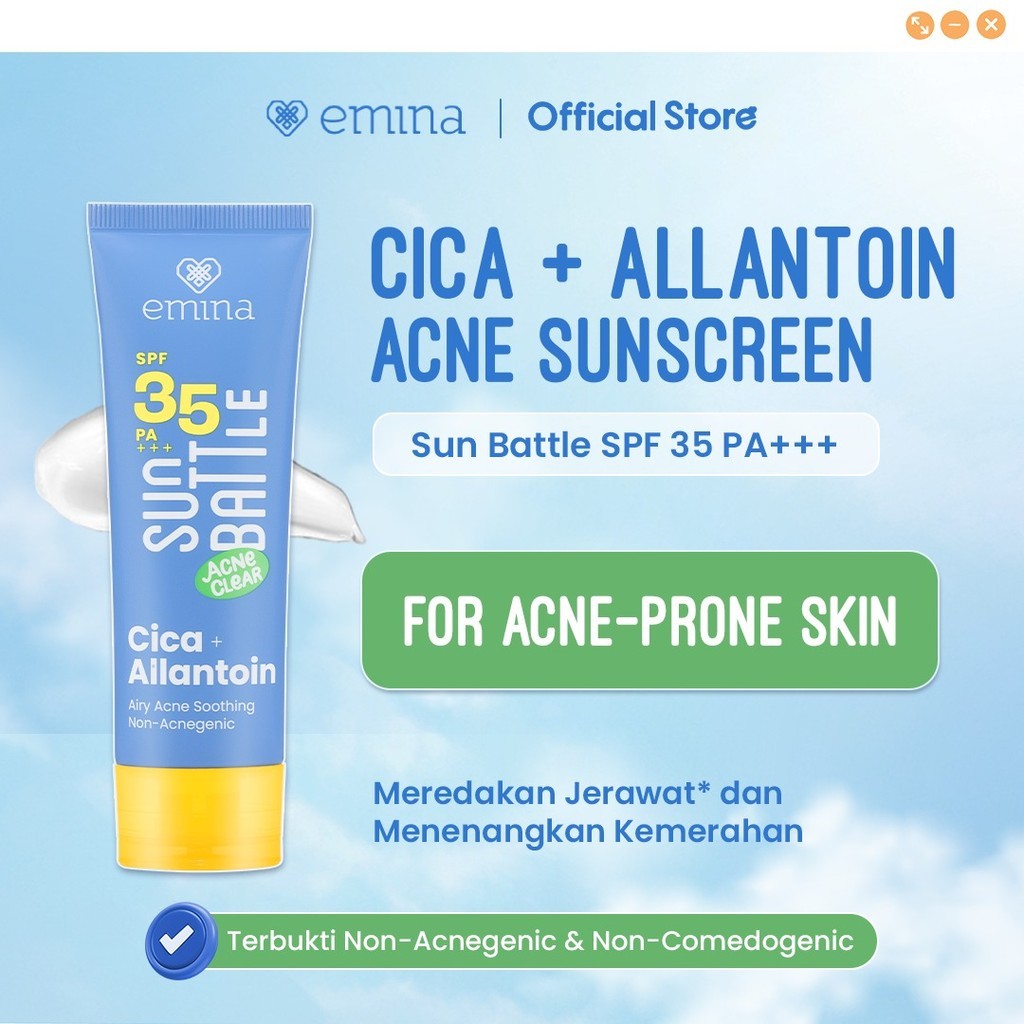 Emina Sun Battle SPF 35 PA +++ Acne Clear Cica + Allantoin Airy Acne Soothing 50 ml / Merah Jingga Official - Gambar 2