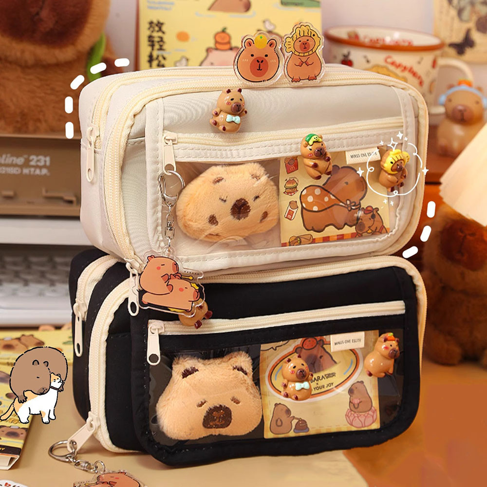 Large Capacity Pen Case With Cute Brooch Pins - 9.4x4.3x3.1 Inch Oxford Fabric Pouch With Handle For Office & School Supplies