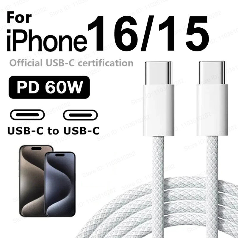 60W PD USBC To USB C Fast Charger Cable For Apple Iphone 16 Pro Max 15