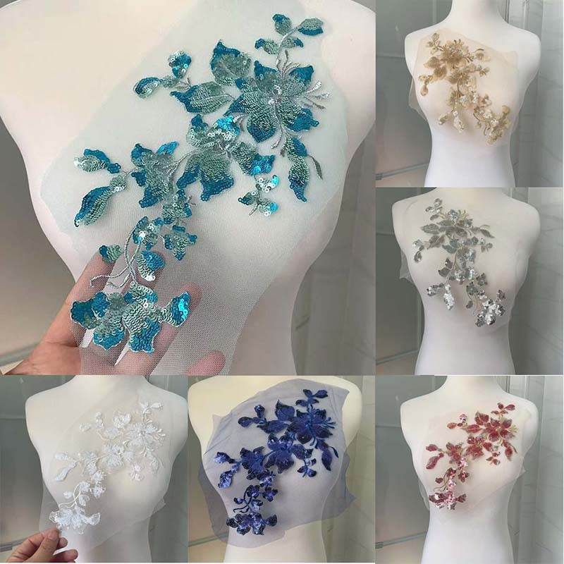 28*16CM 3d Flower Sequin Embroidery Fabric Lace Applique Sew on