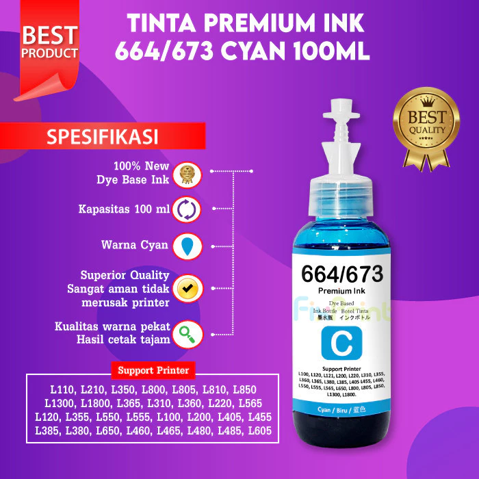 FixPrint Tinta Botol 664 - T6644 Ink Refill 100ml For Printer L110 L120 L121 L210 L220 L300 L310 L350 L355 L360 L365 L380 L385 L405 L485 L550 L555 L565 Black Cyan Magenta Yellow - Gambar 4