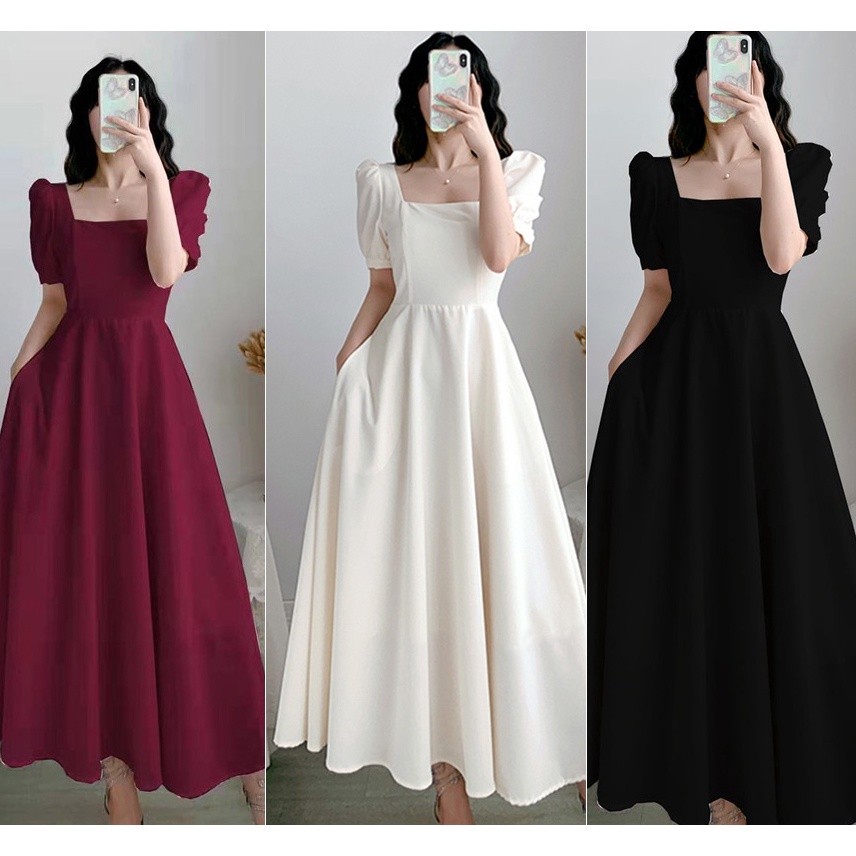 White Dress Korean Dress Plus Size Dress For Wedding Dinner Party Formal  Dress Puff Sleeves Dress Elegant Long Dress Black Wine Red Dresses | Shopee  Singapore