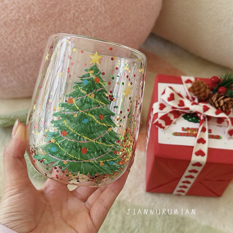 Glass cup, Christmas tree cup double-layer glass cup, heat-resistant ...