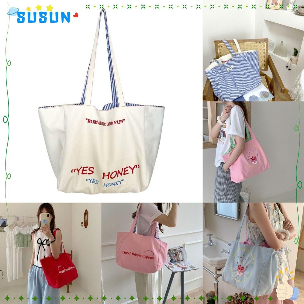 SUSUN Shopping Tote Bag Double sided Striped Shoulder Bag Washable Large Capacity Foldable Canvas Designer Handbags Lady Shopee Singapore