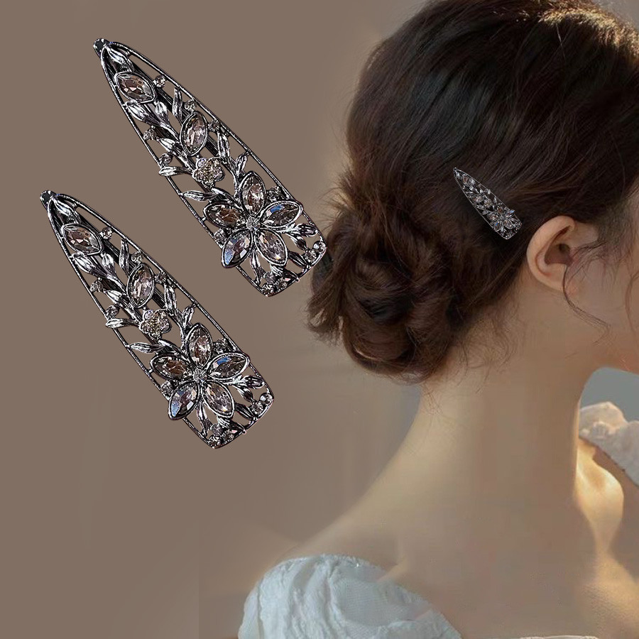 Classy Black Crystal Flower Duckbill Clip High-End Hair Clip Side Clip ...