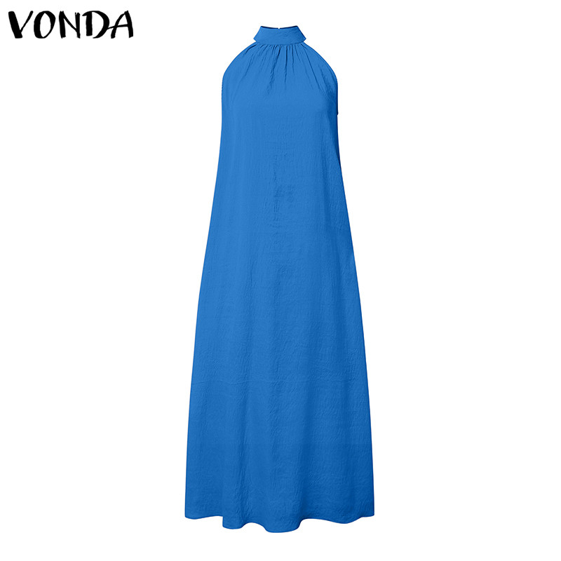 VONDA Women Vintage Solid Color Sleeveless Casual Holiday Dress