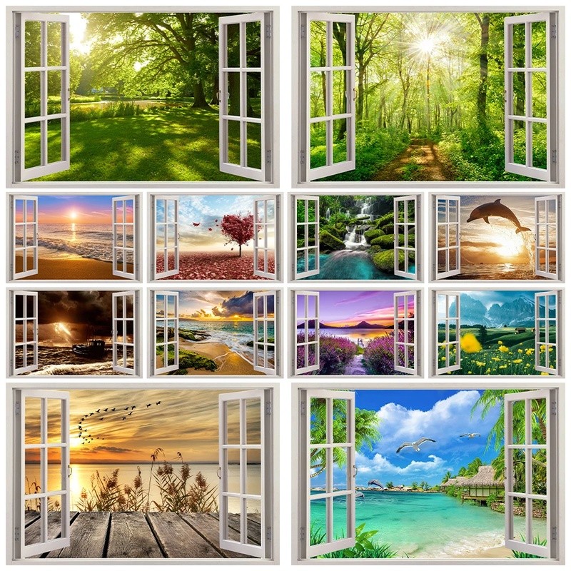 3D Window View Mural Wallpaper Natural Landscape Wall Sticker Self ...