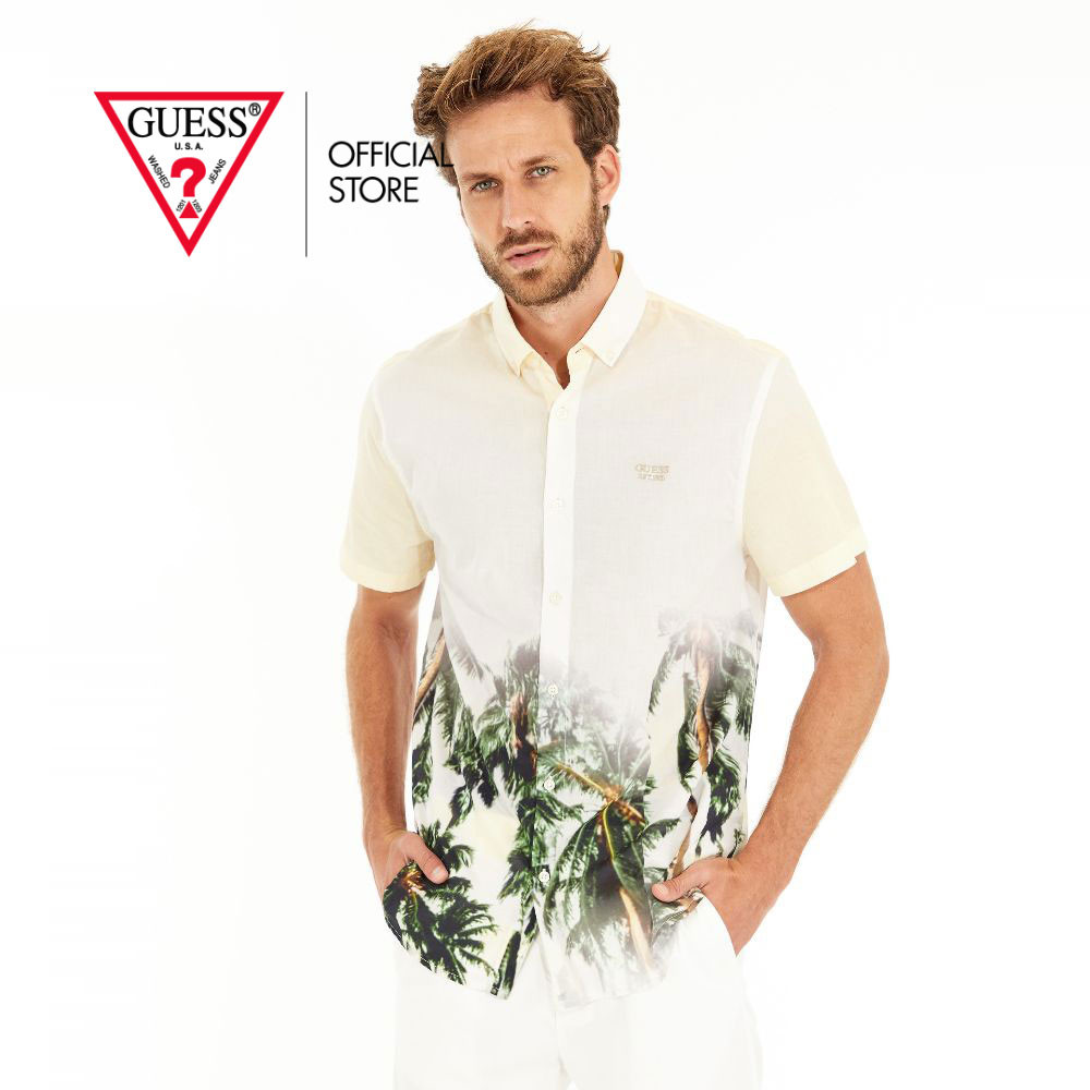 GUESS Men's Collins Short Sleeve Shirt - All Over Abstract Print, Button Down, Organic Cotton