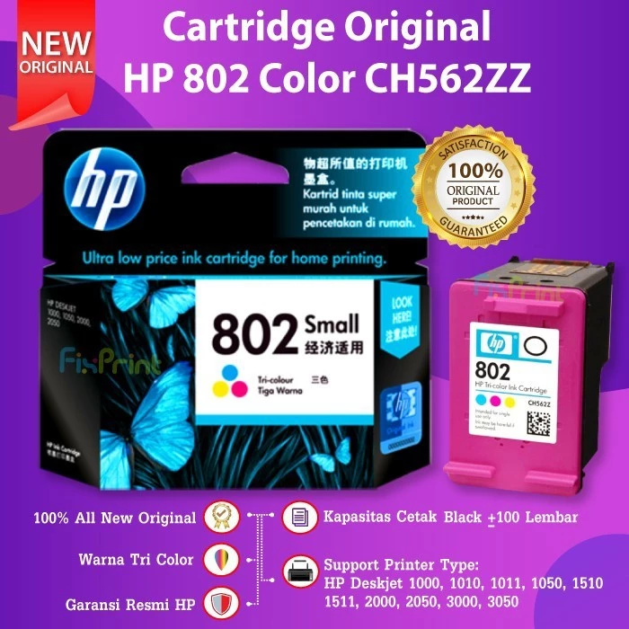 FixPrint SET Cartridge HP 802 Black Color Tinta Printer Deskjet 2050 3050 1010 - Gambar 4