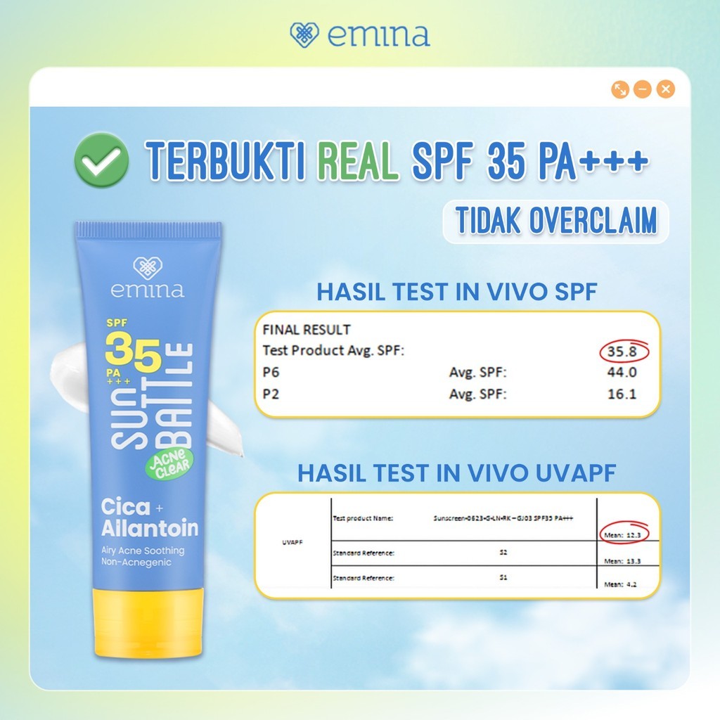 Emina Sun Battle SPF 35 PA +++ Acne Clear Cica + Allantoin Airy Acne Soothing 50 ml / Merah Jingga Official - Gambar 3