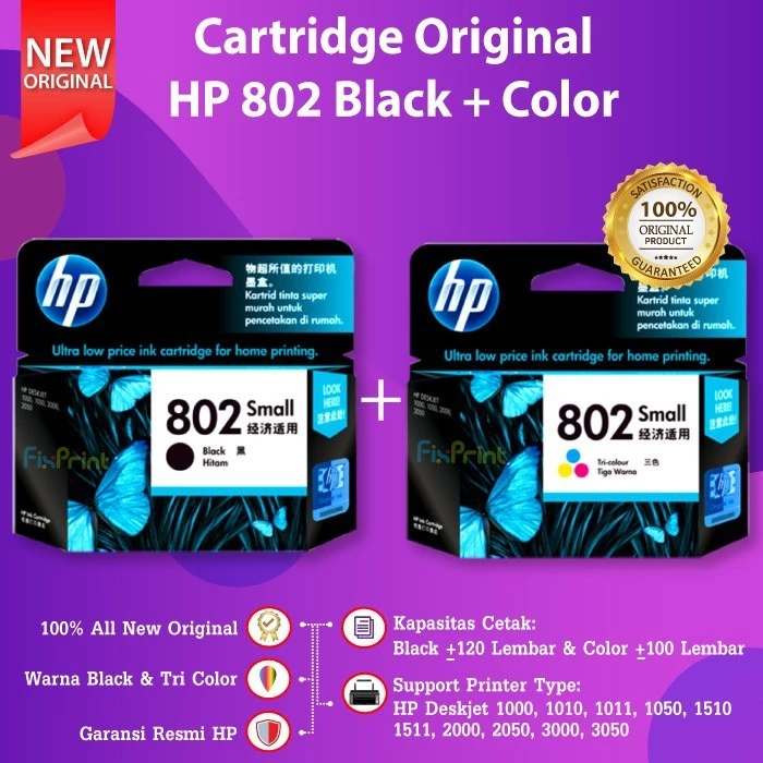 FixPrint SET Cartridge HP 802 Black Color Tinta Printer Deskjet 2050 3050 1010