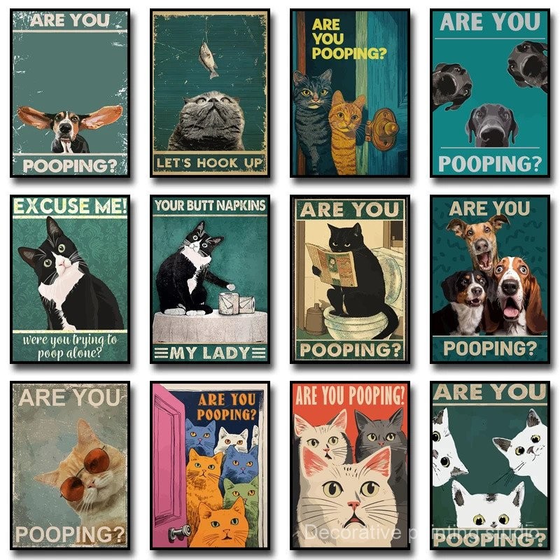 Are You Pooping Poster Funny Toilet Sign Canvas Painting Cute Black Cat ...