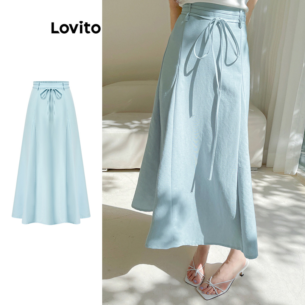 Lovito Elegant Plain Belted Ruffle Hem Structure Line Skirts for Women ...