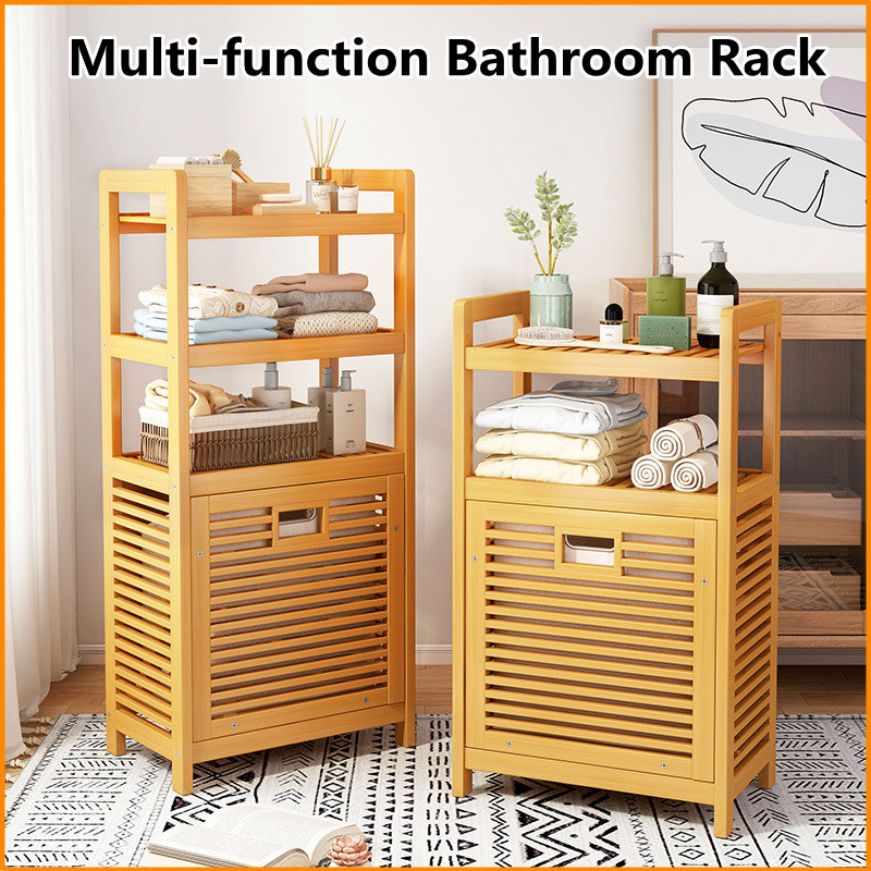 3-Tier Multi-function Bathroom Rack Dirty Clothes Basket Wood Vine ...