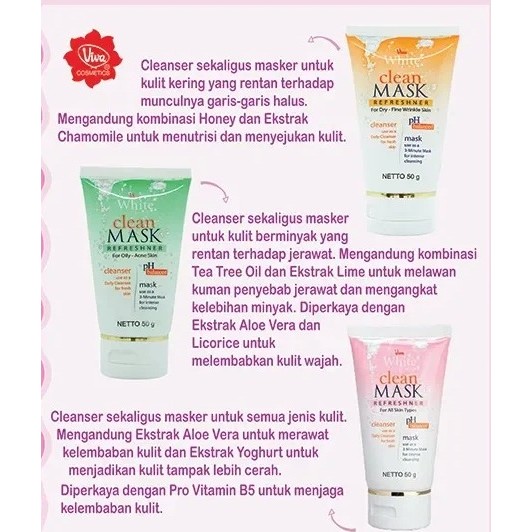 Viva White Clean Mask Refreshner Face Cleanser / Masker 50g / Merah Jingga Official - Gambar 2