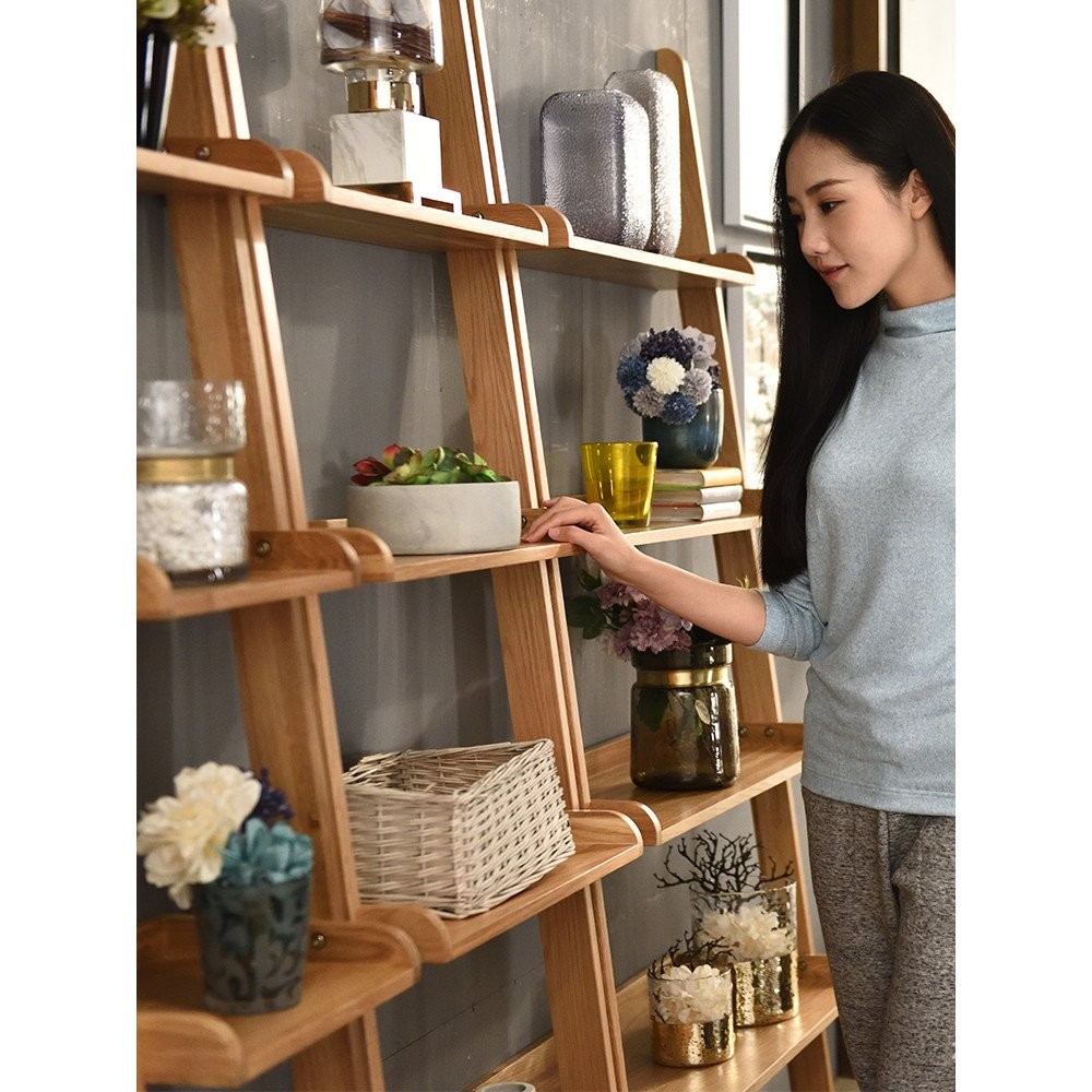 Nordic Oak Bookshelf Ladder Storage Rack Solid Wood Bookshelf Floor ...