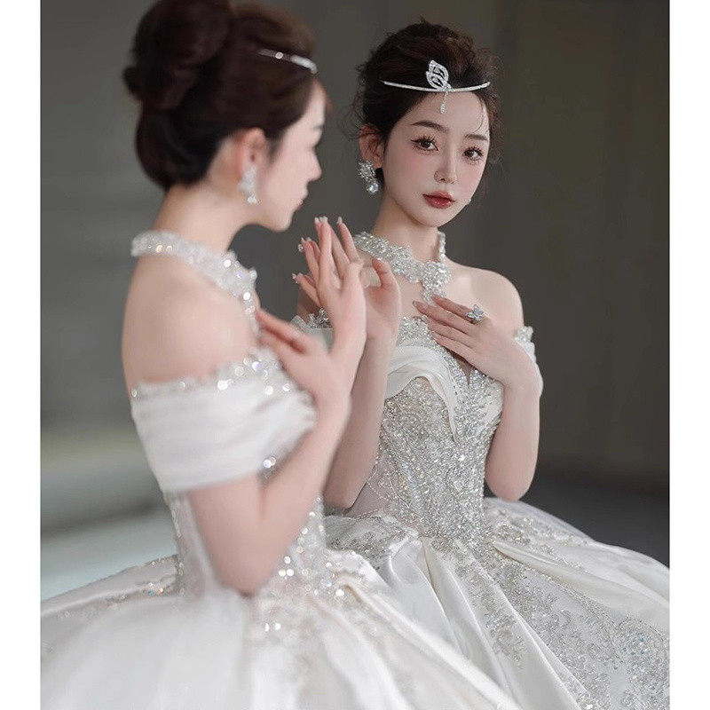 off Shoulder Bridal Wedding Dress2024New Vintage Court Style Satin Dress Skirt Super Mori Welcome Wedding Veil