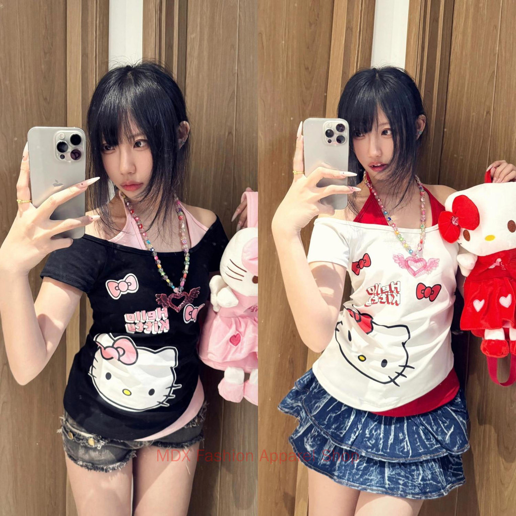 American Retro Neck Hanging Fake Two Hello Kitty Shoulder Design ...