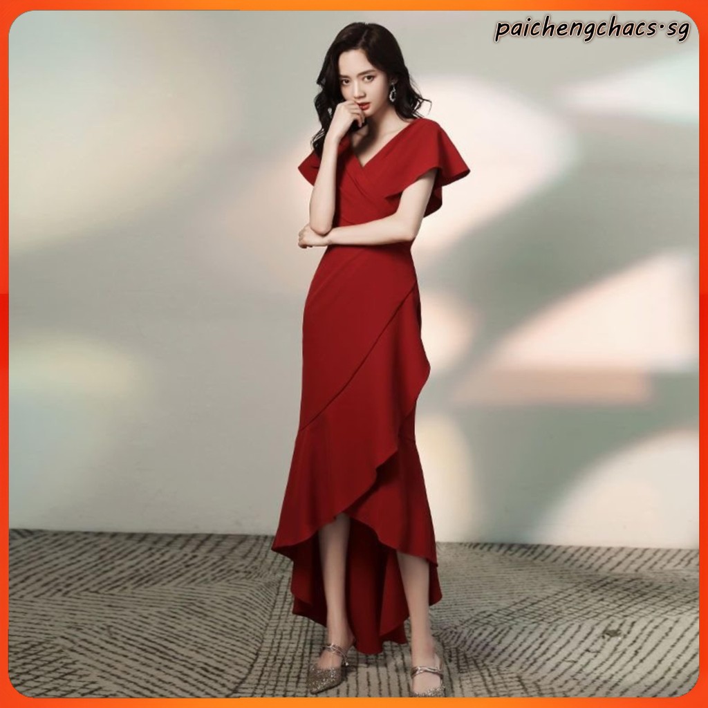 Elegant Solid Color Fishtail Dress Sleeveless V neck Mid Length Dress