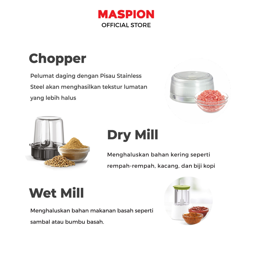 Maspion Pelumat Blender with Wet + Dry Miller & Chopper 1.5 Liter MT-1524 PL - Gambar 4