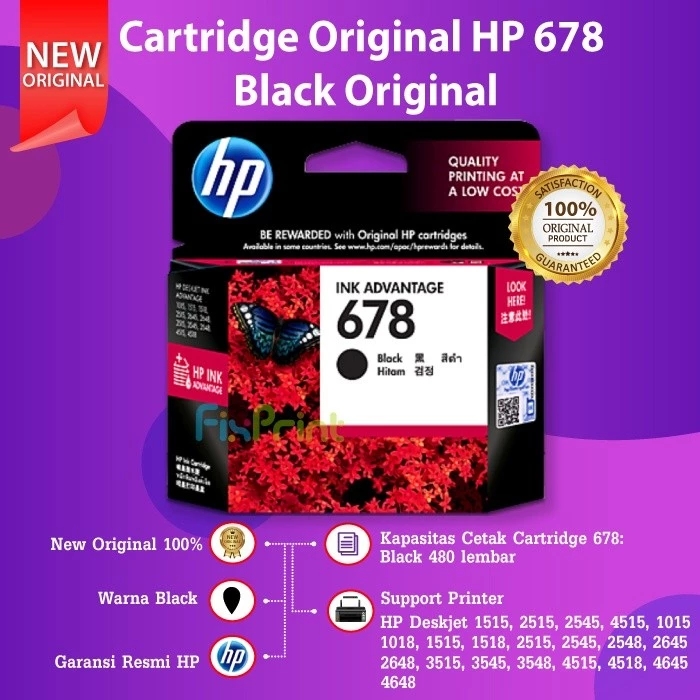 FixPrint Tinta Cartridge Printer HP 678 Black Color Hitam Warna Original 1515 - Gambar 2