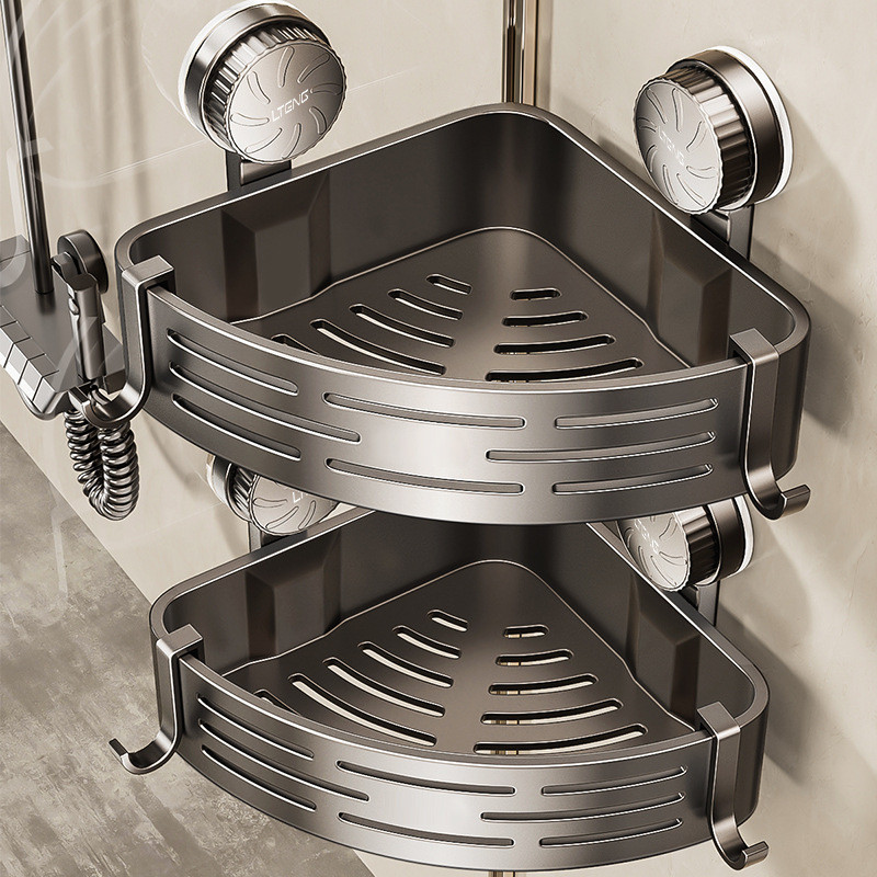 Shower Corner Shelf with Towel Bar Suction Cup Shampoo Holder Bathroom ...