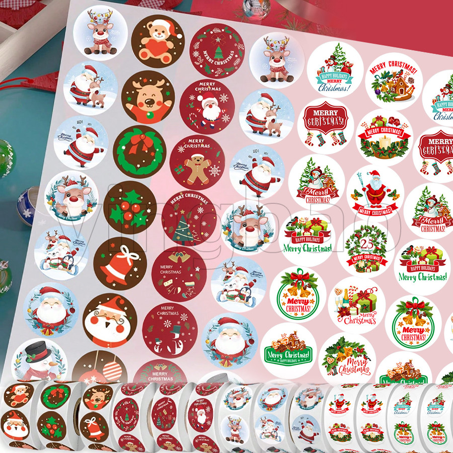 500pcs 2.5cm Merry Christmas Cartoon Label Holiday Greetings Thank You ...