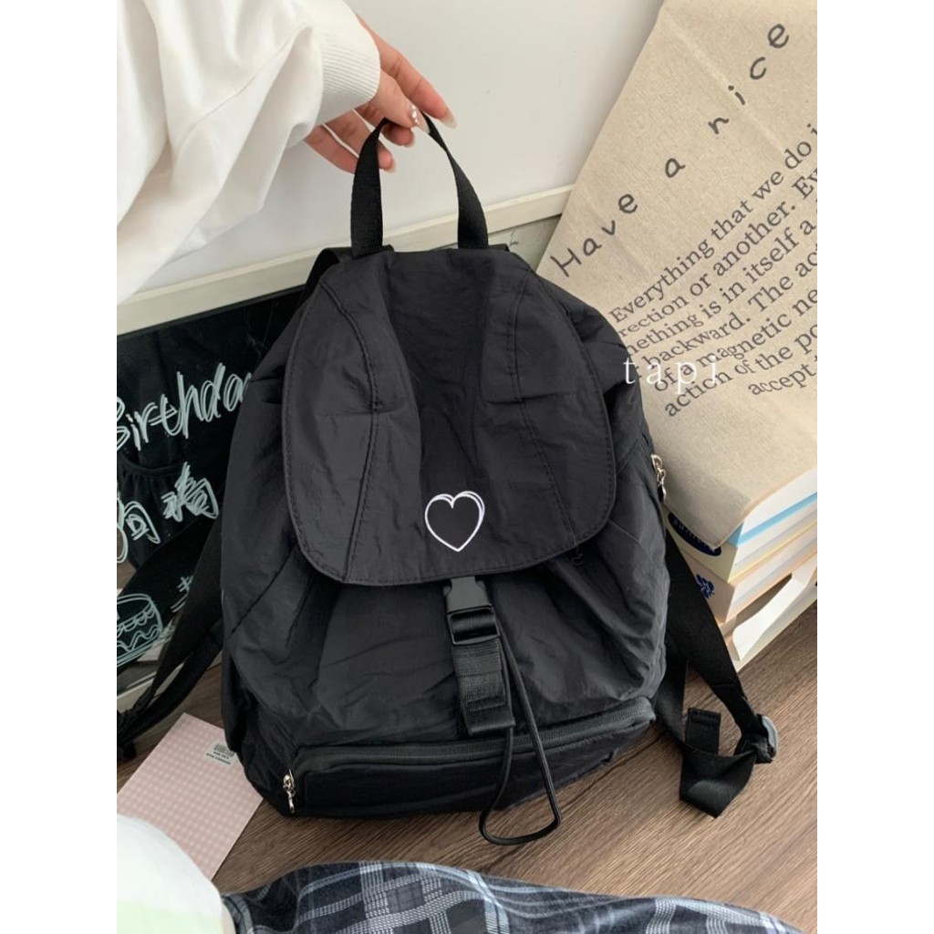 ins Korean Style Heart Embroidery Backpack Black Nylon Drawstring Bag ...