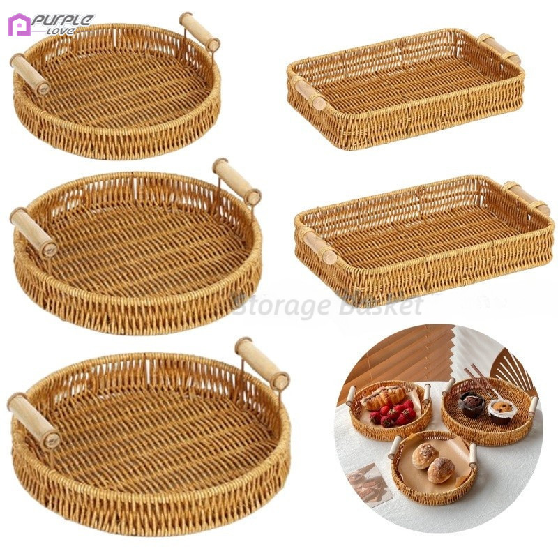 Home Rattan Weaving Tray Wicker Woven Bread Basket with Handles Dessert ...