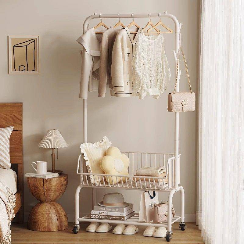 Clothes rack with wheels floor cream air movable hangers Thick bedroom ...