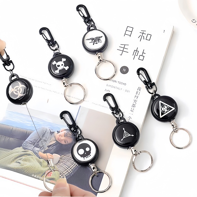 1pcs Retractable Steel Wire Rope Keychain Double-Sided Pattern Keyring ...