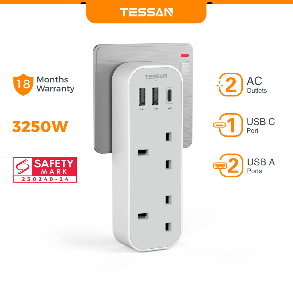 TESSAN Extension Multi Plug with USB+Type C, Plug Adapter