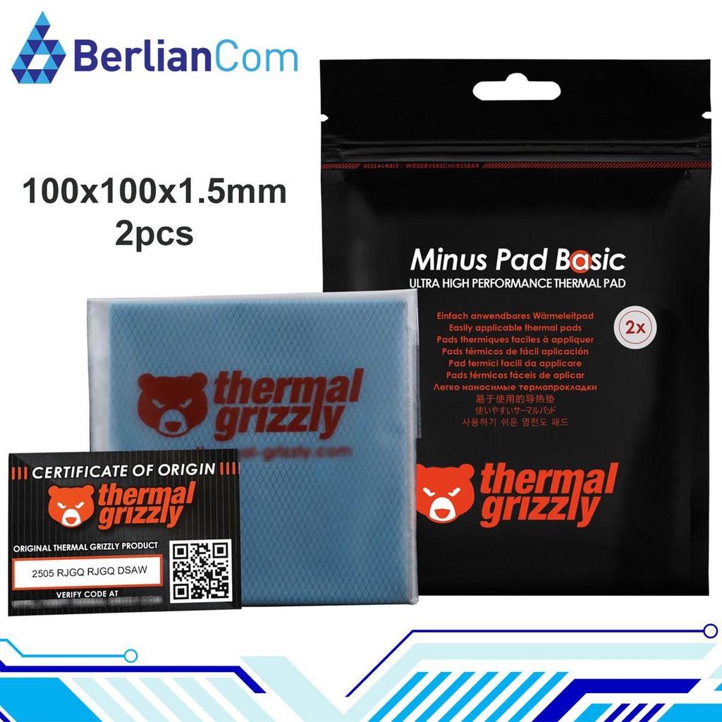 Thermal Grizzly Minus Pad Basic – 2 Pad Termici 100x100x0,5 Mm – Non Conduttivi, Alta Conducibilità – Per SSD, GPU, Dissipatori - 2
