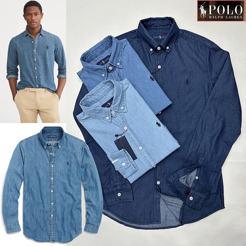 Ralph Lauren Polo Men s Workwear Denim Shirt Men Denim Long Sleeve Shirt Retro Denim Shirt Embroidery logo Shopee Singapore