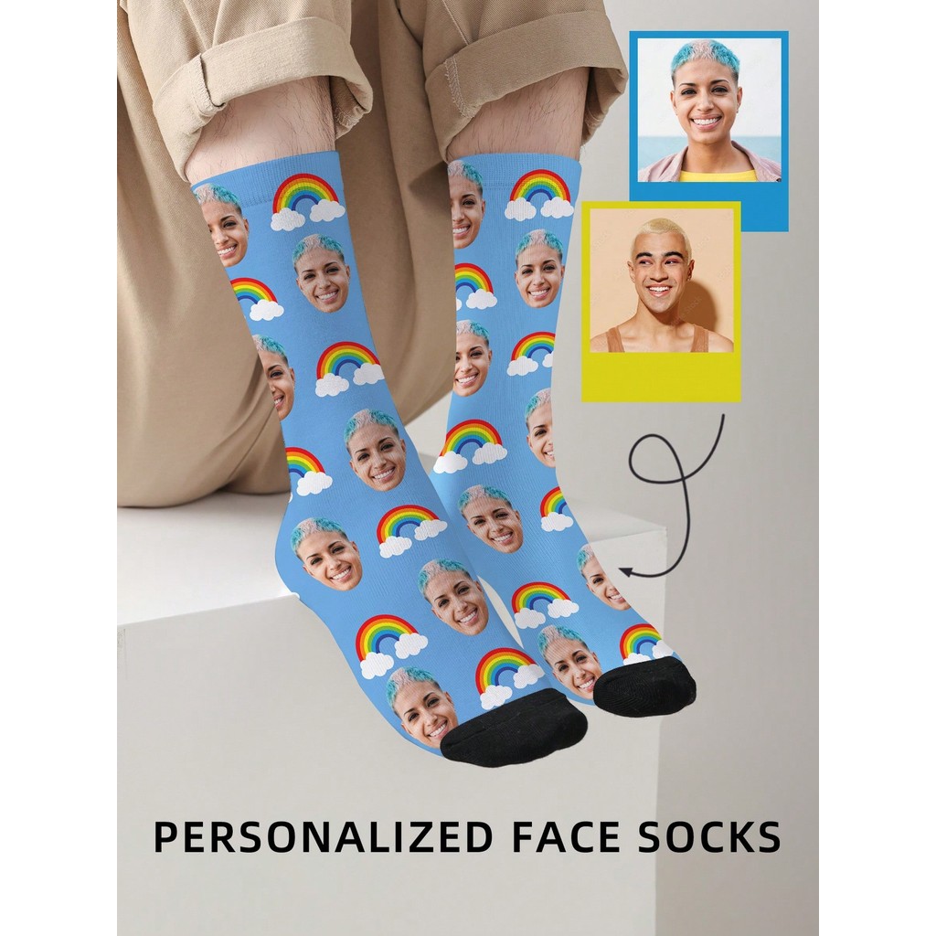 Customized Face Men's Mid Tube Socks, Custom Photo Rainbow On Socks For ...