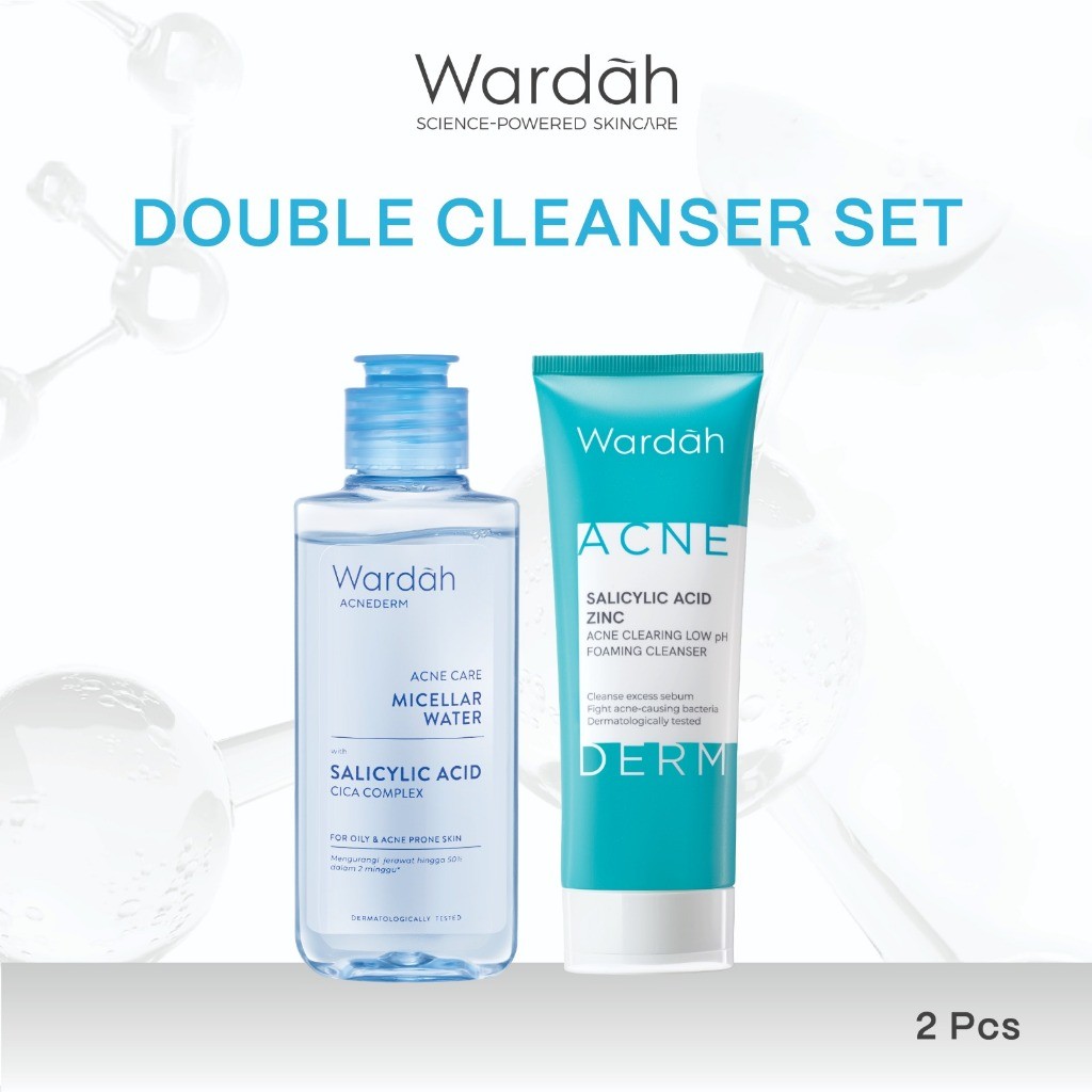 WARDAH Paket Double Cleansing Micellar Water 100 ml + Gel Cleanser Acnederm - Untuk Kulit Wajah yang Lebih Bersih - Skincare