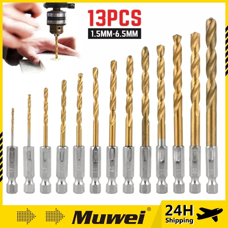13PCS Titanium Coated Iron Metal Soft Steel HSS Twist Drill Bit Set ...