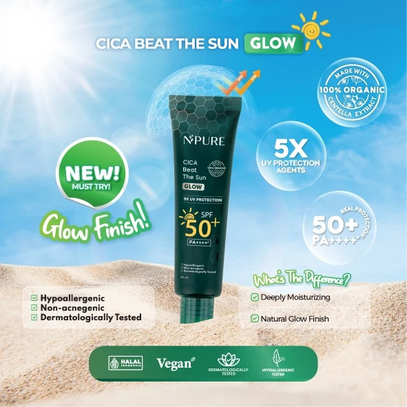 NPURE Sunscreen Cica Beat The Sun Glow SPF 50 PA++++/ Merah Jingga Official - Gambar 2