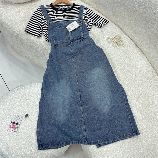 BOÓ Clothing striped t-shirt + long jean bib Set (real photo) | Shopee ...