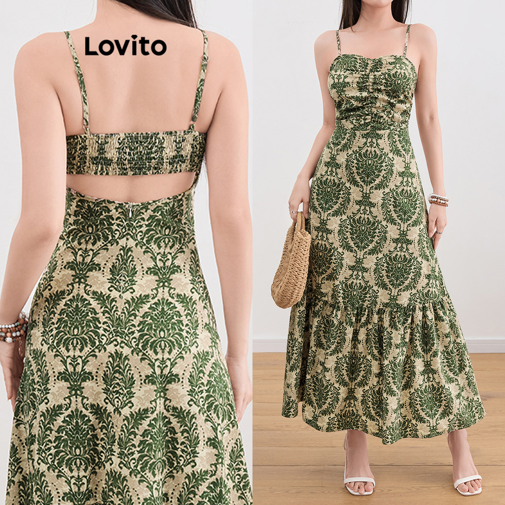 Lovito Boho Paisley Ruffle Hem Ruched Dress for Women L109MD122 ...