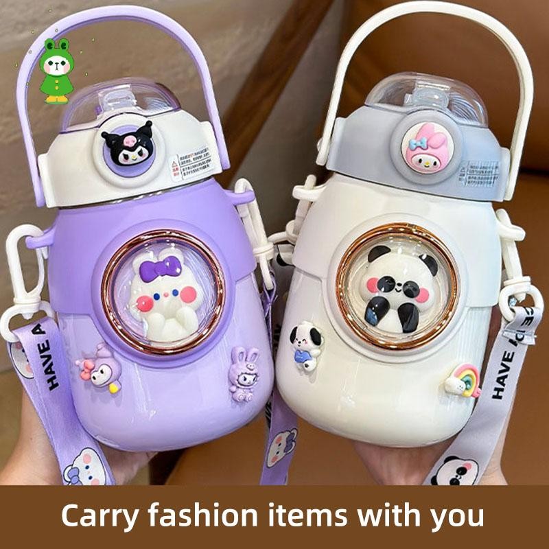 Water Bottle Cute Kawaii Bear Water Bottle with Straw and Shoulder ...