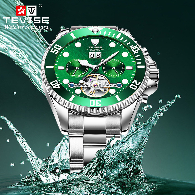 Fashionable high end watches TEVISE Swiss Watch Men s Watch Green Submariner Calendar Mechanical Watch High End Simple Cross Border Waterproof Watch Shopee Singapore