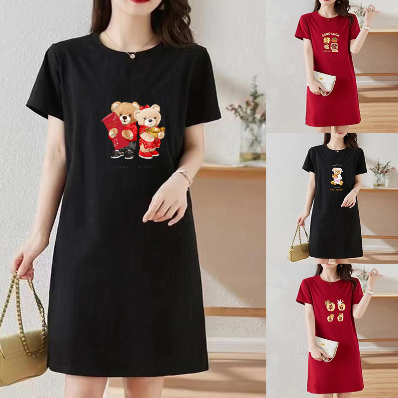 casual cny dress woman New dress for women skirt red dress Summer ladies  dress Fashion Loose a line dress  dresses for ladies
